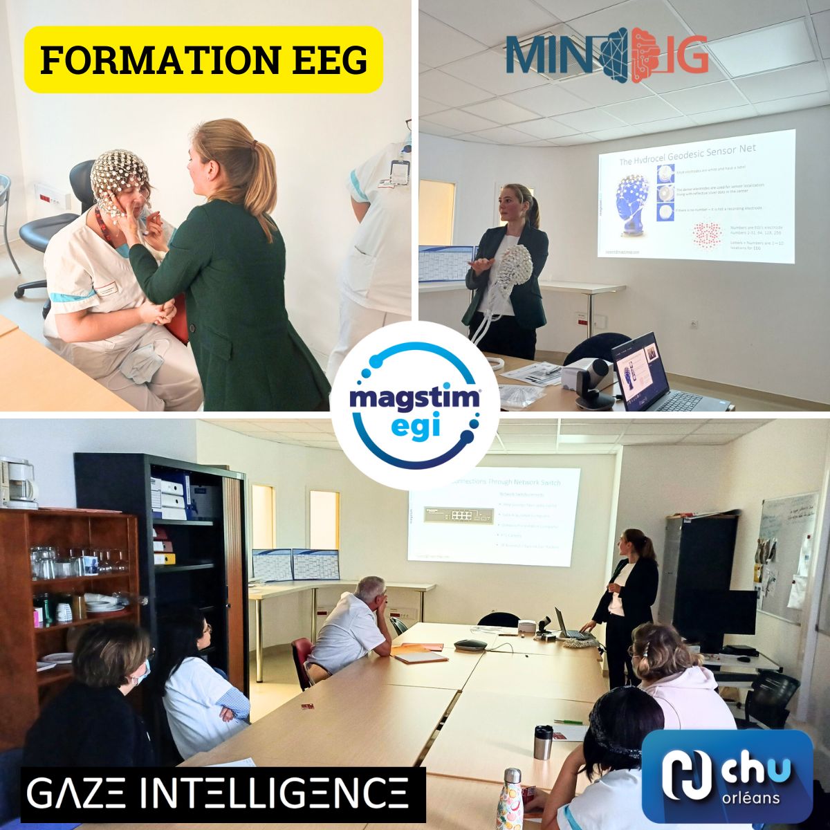 Formation HD-EEG au CHU d’Orléans : pose du filet, présentation et échanges en salle, avec Gaze Intelligence et Mindig