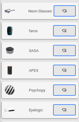 Lista de integraciones Neon Glasses, Faros, SAGA, APEX, PsychoPy y Eyelogic